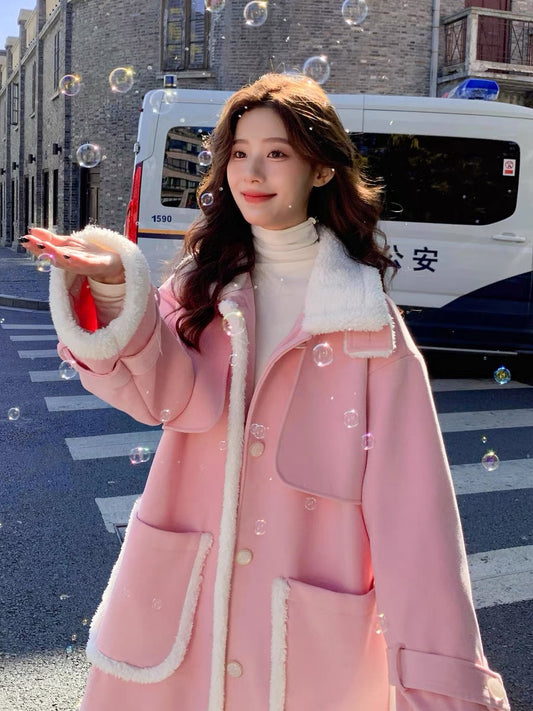 Pink lamb wool woolen coat women's winter thickened stand collar 2022 new Korean style gentle advanced woolen coat