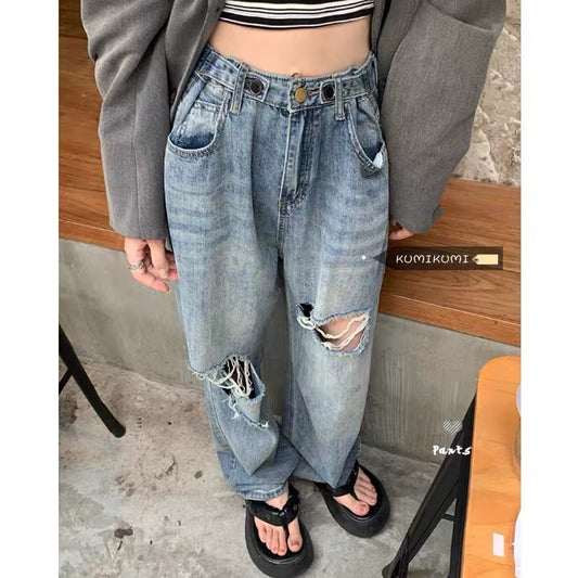 Kumikumi ripped jeans women's washed long pants summer high-waisted thin straight-leg pants loose wide-leg pants tide 2882
