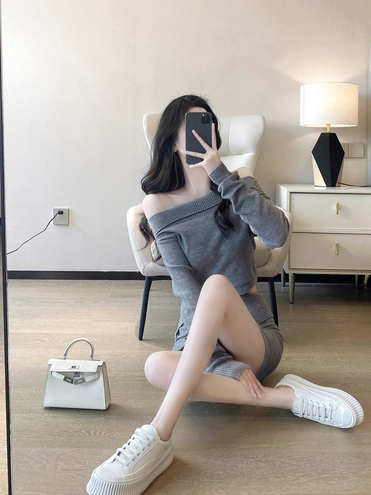 Knitted suit women's two-piece suit 2023 spring and autumn new temperament ladies one-shoulder hot girl sexy bottoming sweater skirt