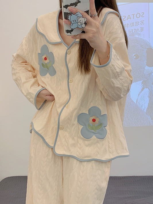 Blue flower pajamas women's spring, autumn and winter long-sleeved cotton 2023 new sweet net red style cardigan home service suit