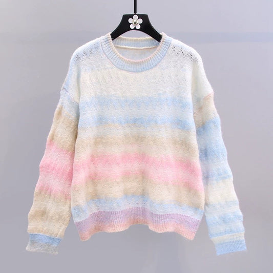 Rainbow Striped Hollow Sweater Women's Fall 2022 New Japanese Loose Western Style Age-Reducing Senior knitted Top