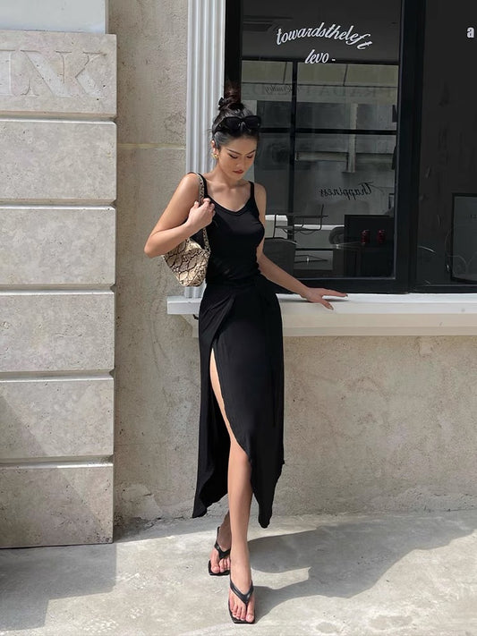 Well also gray casual suit women's summer v-neck camisole irregular slit skirt two-piece set
