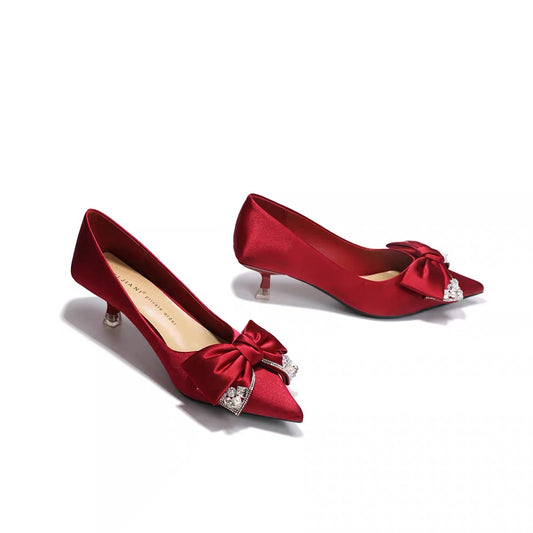 AUENODLS leather red bow pointed Xiuhe high-heeled shoes Chinese dress stiletto bridesmaid wedding shoes women