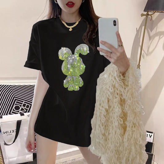2023 new summer dress black t-shirt women hot diamond big love loose pure mid-length round neck short-sleeved top ins tide
