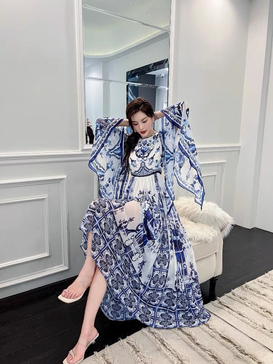 High-end 2022 new early autumn women's fashion art long-sleeved printed dress French princess dress 1408