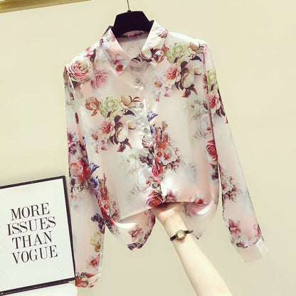 High-end sense shirt women's light luxury long-sleeved early autumn new European station fashion foreign temperament retro chiffon floral top