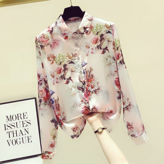 High-end sense shirt women's light luxury long-sleeved early autumn new European station fashion foreign temperament retro chiffon floral top