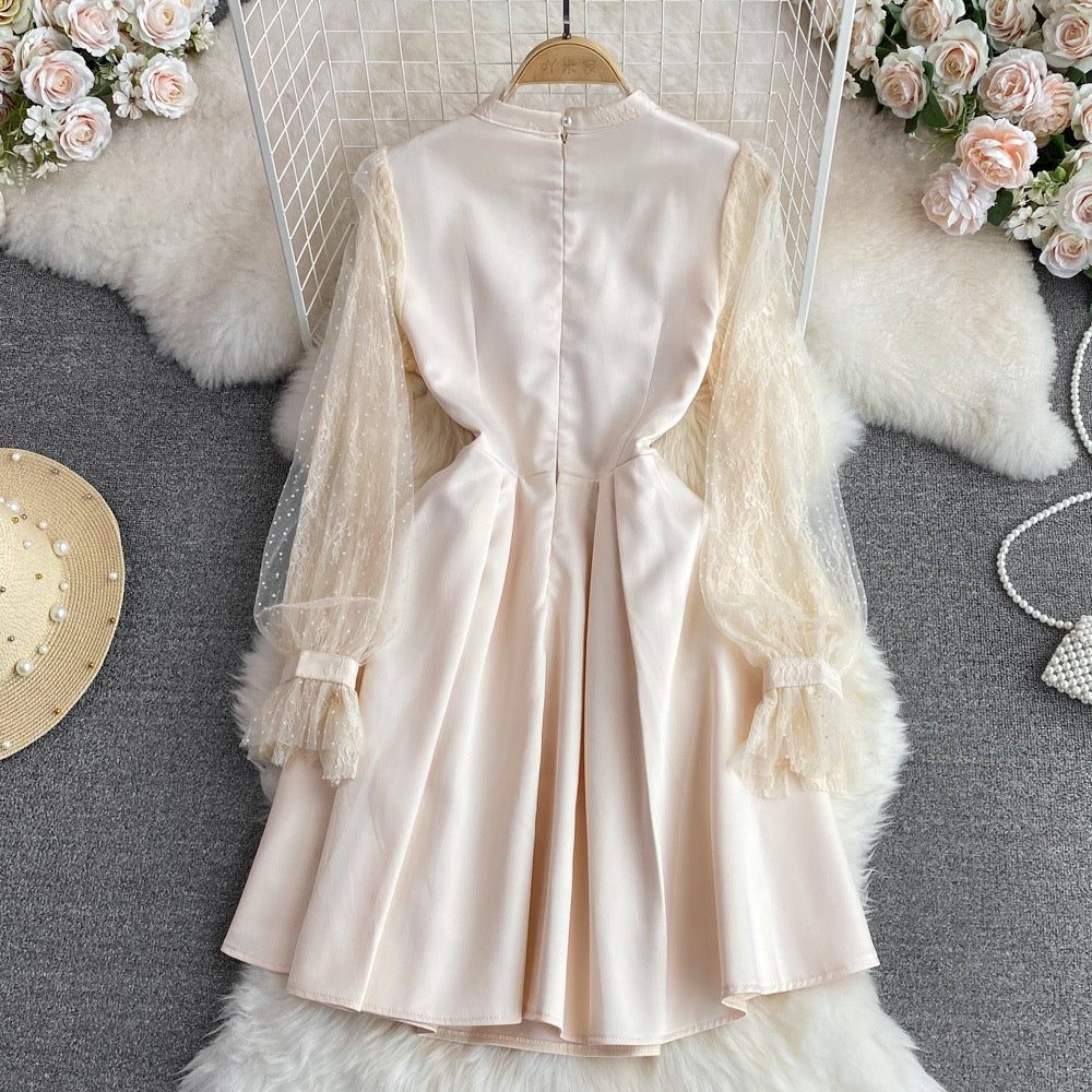 Retro court style bubble long-sleeved diamond-studded mesh stitching stand-up collar waist slimming A-line dress dress