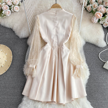Retro court style bubble long-sleeved diamond-studded mesh stitching stand-up collar waist slimming A-line dress dress