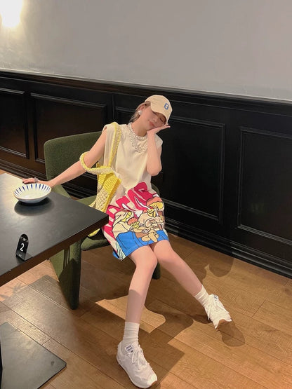 Thebestxue European and American simple beige shoulder pad design print dress 2022 summer new loose mid-skirt