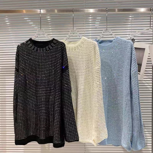 Net red same style 2022 autumn new heavy industry full body square rhinestone hot drill round neck ladies loose knitted sweater