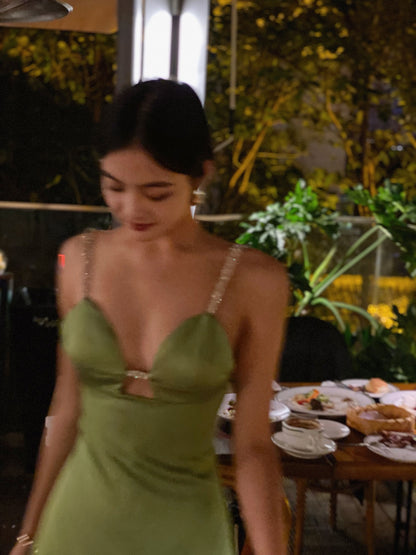 Green sparkling tube top skirt hollow sexy French birthday dress skirt female suspender dress usually wearable