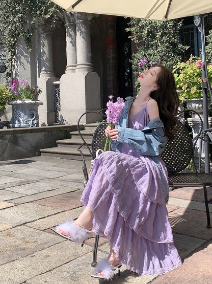 Guoguojia white dress female summer 2023 new cake skirt seaside vacation beach skirt suspender skirt