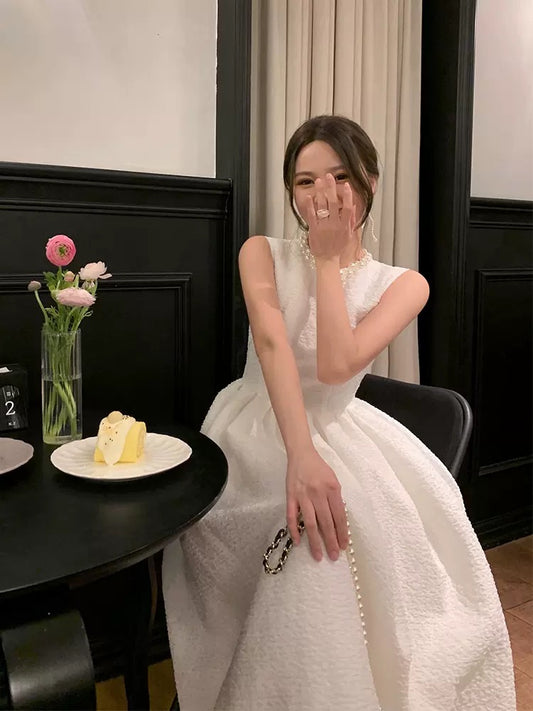 Middletone | Birthday Dress!  French Hepburn Pearl Collar Sleeveless Dress Puff Organza Skirt