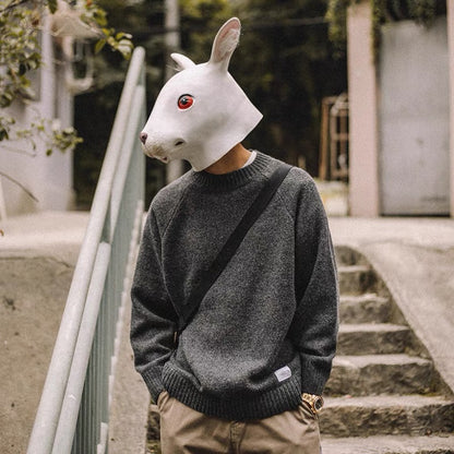 Rabbit Xiansen Spring and Autumn Solid Color Round Neck Sweater Men's Loose Japanese Trendy Retro All-Match Casual Long-sleeved Knitwear