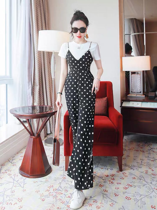 Casual fashion suit female 2022 new summer ladies short-sleeved top split polka dot overalls two-piece tide
