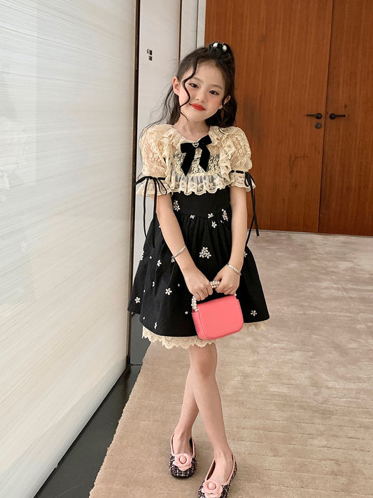 Original Girls Little Fragrance Style Lace Embroidery Dress Summer 2023 New Children's Celebrity Style Puff Sleeve Princess Dress