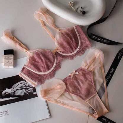 French style ultra-thin underwear women's big breasts are small and thin lace soft steel ring bra set sexy small breasts slightly gathered