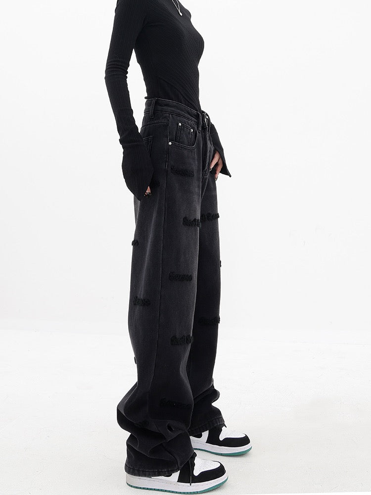 KEN STUDIO star with the same style plus velvet thickened flocking jeans women's winter wide-leg straight casual pants pants
