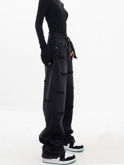 KEN STUDIO star with the same style plus velvet thickened flocking jeans women's winter wide-leg straight casual pants pants