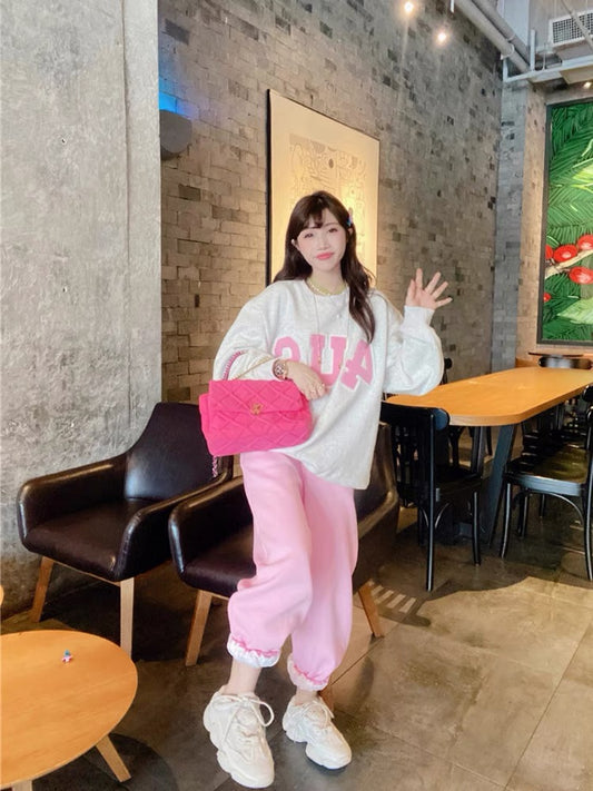 JENNIFER JXLIU Korea autumn and winter fall in love at a glance ^ lamb wool patch letters plus velvet loose thick sweater