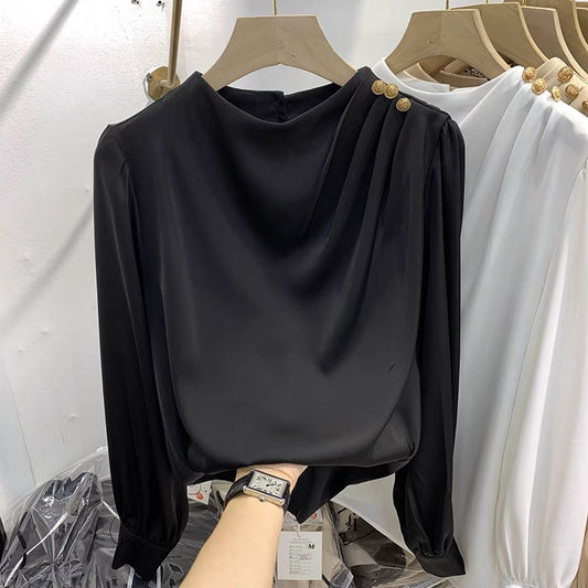 2021 autumn new European goods design sense temperament solid color shoulder nail bead pullover long-sleeved chiffon shirt women's thin shirt