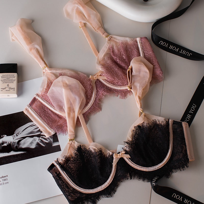 French style ultra-thin underwear women's big breasts are small and thin lace soft steel ring bra set sexy small breasts slightly gathered