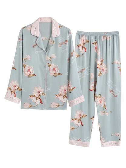 IIZZINI 2023 women's pajamas spring and autumn long-sleeved ice silk Chinese style white magnolia flower trousers home clothes set
