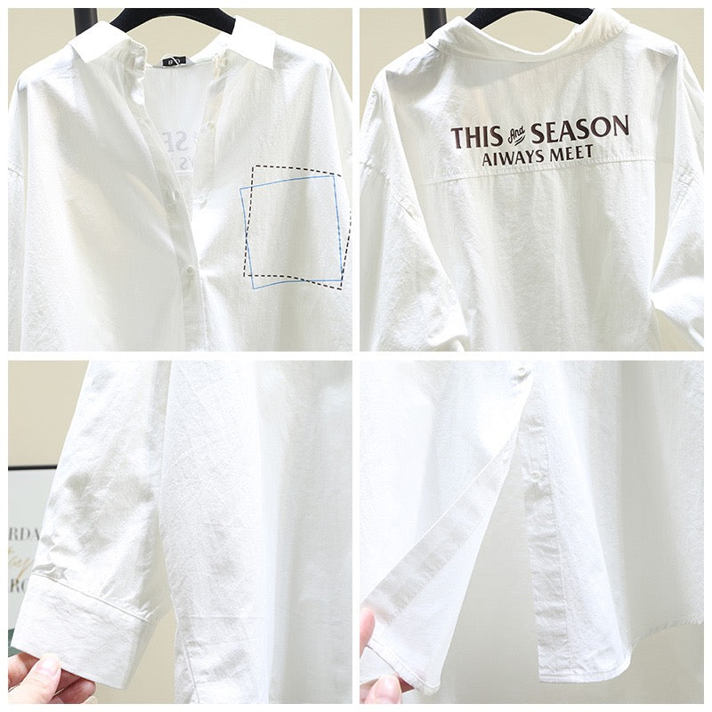 White shirt women's mid-length 2023 spring new Korean version loose back letters casual all-match long-sleeved shirt