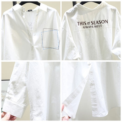 White shirt women's mid-length 2023 spring new Korean version loose back letters casual all-match long-sleeved shirt