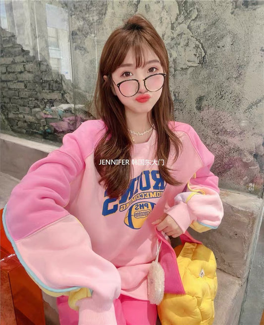 JENNIFER JXLIU Korean winter ~ sweet print macaron pink plus velvet loose pullover sweater