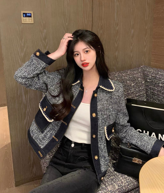 Xiaoxiangfeng denim jacket women's autumn 2022 new design sense contrast color stitching loose short long-sleeved top trendy