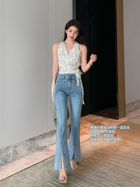 Mrs. Island song 2023 new jeans women's summer slit micro flared pants slim high waist straight long pants