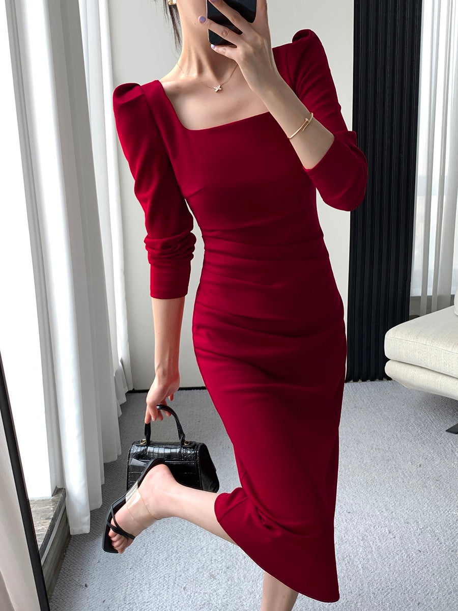 Guoge custom red dress female 2023 spring new long-sleeved French waist slim temperament square collar engagement dress