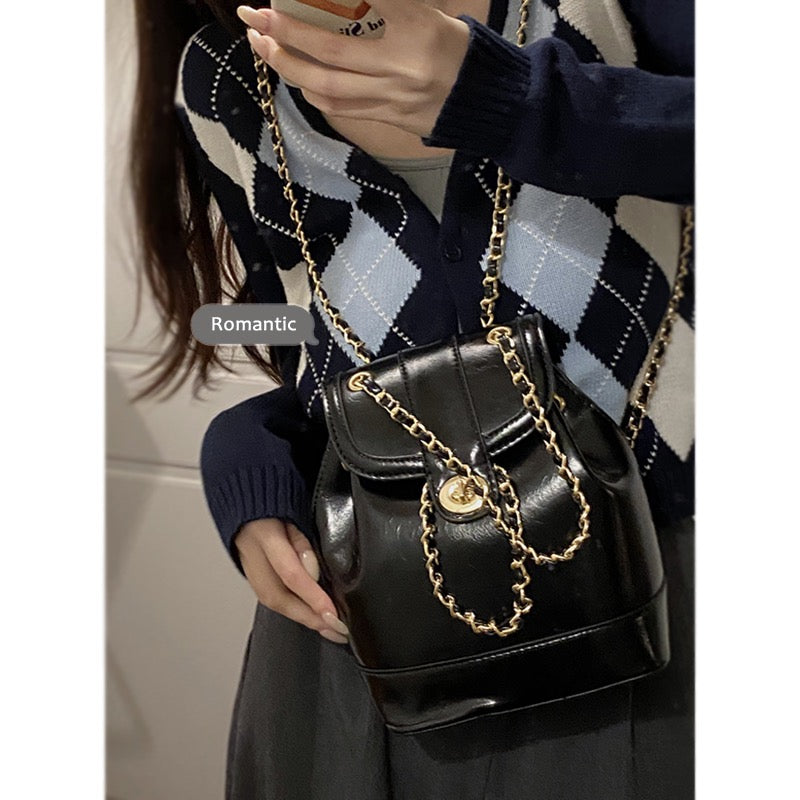 Oily wax leather shoulder bag women 2023 new trendy Korean chain backpack small fragrance style all-match portable shoulder bag