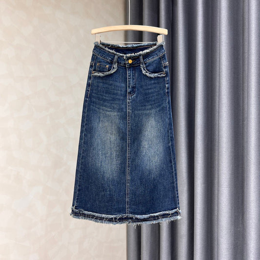 Design sense denim skirt women's spring and summer new washed white fur edge high waist slim a-line bag hip long skirt