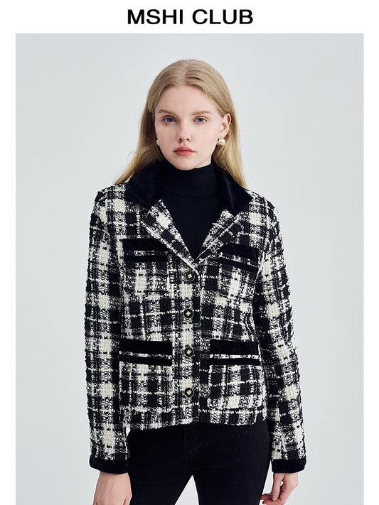 MSHI CLUB French temperament small fragrant wind jacket female 2023 spring retro suit collar plaid jacket tide