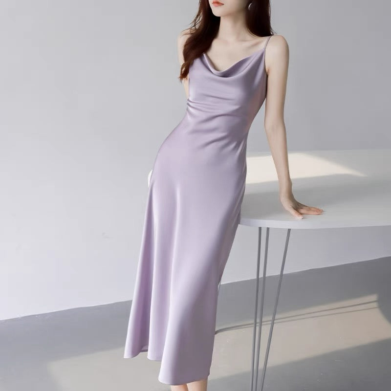 MZOMXO acetic acid texture satin swing collar suspender dress women's high-end summer temperament slim waist long skirt