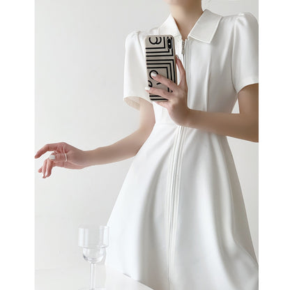 French white gentle Hepburn style short-sleeved shirt dress summer chic design sense short temperament little white skirt
