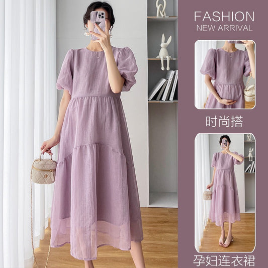 Angel Mommy ~ Maternity Dress Summer Dress 2023 New French Puff Sleeve Loose Large Size Summer Dress
