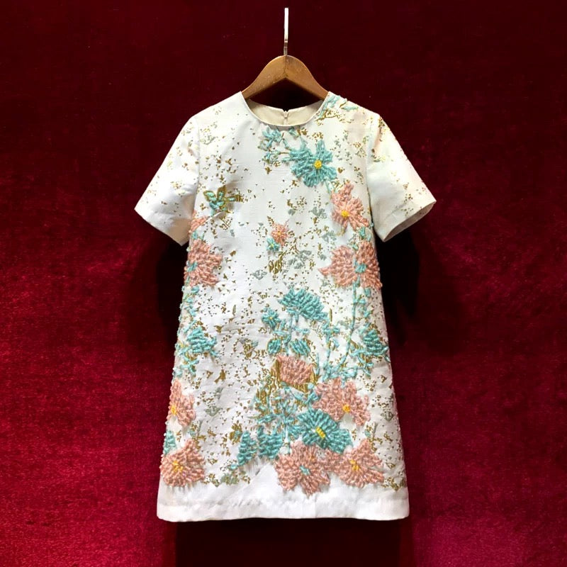 French retro jacquard heavy industry beading small short-sleeved thin temperament high-end dress female 2022 new