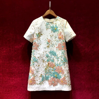 French retro jacquard heavy industry beading small short-sleeved thin temperament high-end dress female 2022 new