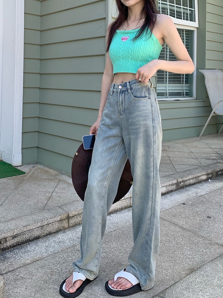 Light-colored jeans women's summer new Hong Kong style retro loose straight trousers high waist slim wide leg mopping pants