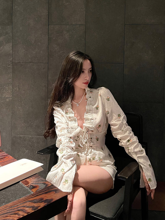 For Fay white embroidered flower shirt female autumn drawstring pleated slim-fit V-neck ruffled long-sleeved shirt