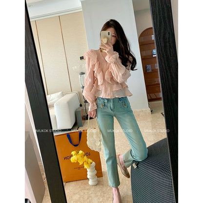 MUKOK retro blue nine-point jeans women's 2023 spring new small slim tall waist straight cigarette pipe pants