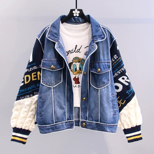 Letter sweater stitching design sense denim jacket women's autumn and winter 2022 new loose fashion all-match age-reducing top