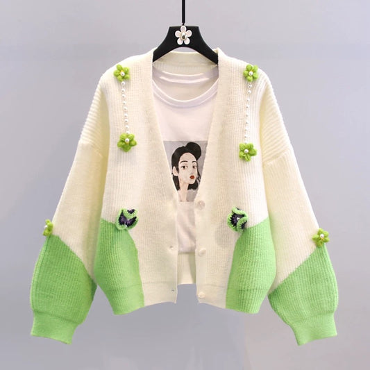 Three-dimensional flower beaded sweater jacket women's 2022 autumn and winter new Korean version loose college style age-reducing knitted cardigan