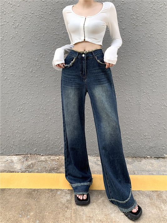Hong Kong-style retro straight jeans women's 2022 autumn new loose drape mopping pants high waist raw edge wide leg pants