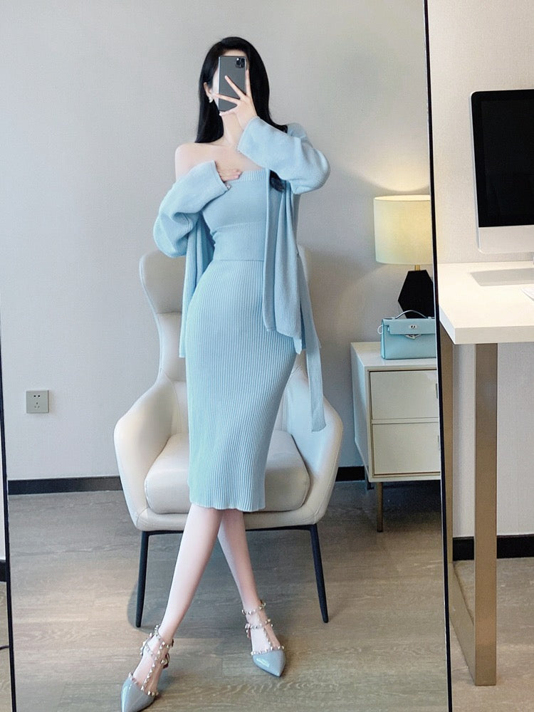Korean drama wear three-piece suit winter 2022 new goddess fan temperament celebrity French gentle knitted sweater suit skirt