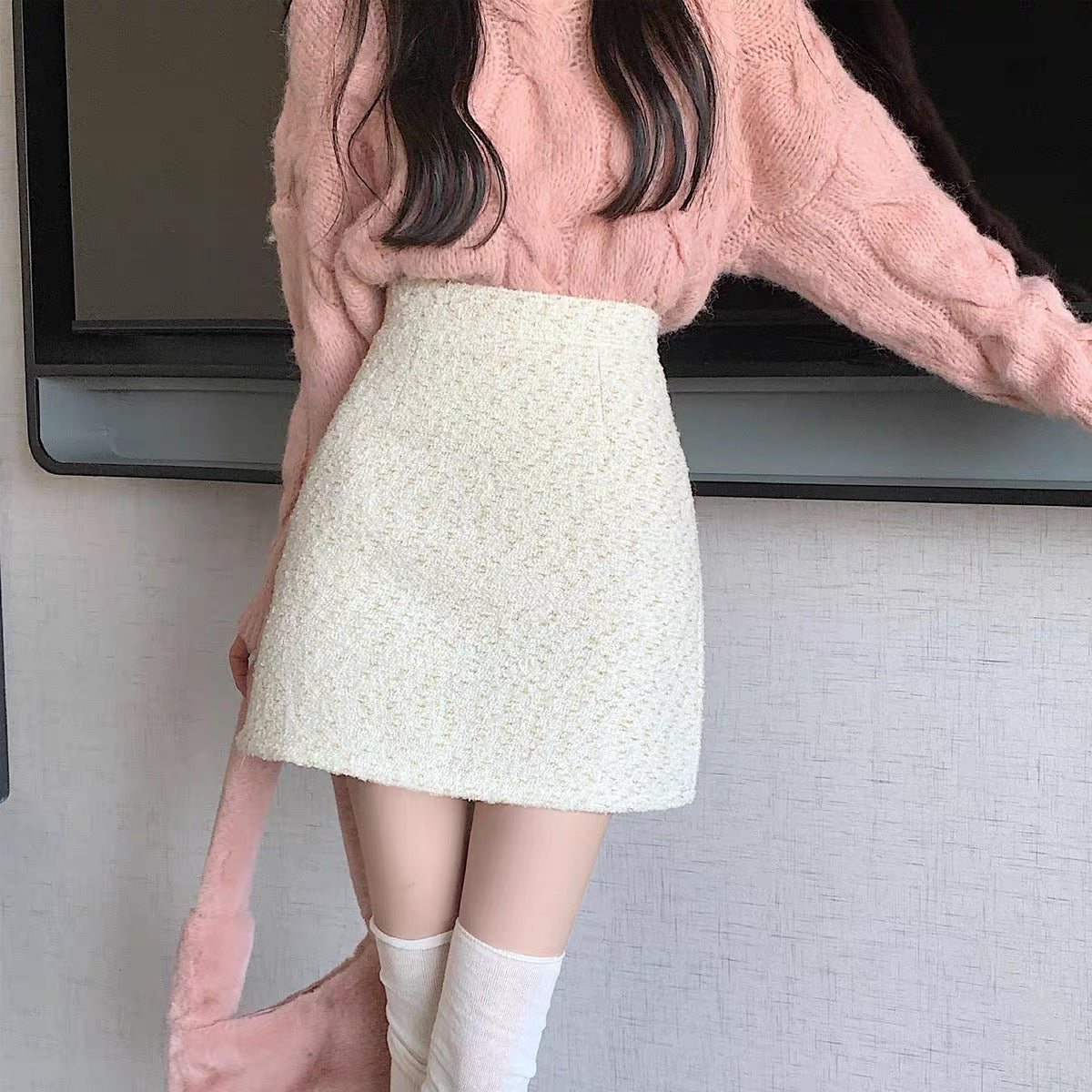 Autumn and winter with sweater skirt femininity celebrity small fragrance bag hip skirt small high waist a-line short skirt